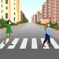 Women cross the road at pedestrian crossing. Masked people at a distance from each other. Girls in casual clothes.