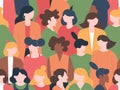 Women crowd seamless pattern. Womens characters group portraits, female community with various hairstyles. Multicultural