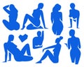 Women cut out figures Matisse inspired.Contemporary silhouette shapes, hand drawn blue females.Flat beautiful lady poses.Fashion