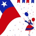 Women dance wear traditional clothing celebrate chile independence day near large flag nation with flat cartoon style.