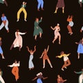 Women dancing pattern. Seamless background with happy young girls dancers print. Diverse females dance at night party