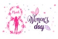 Women Day Greeting Card Design Holiday Banner With Silhouette Girl On Pink Doodle Background Royalty Free Stock Photo