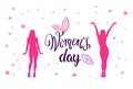 Women Day Greeting Card 8 March Banner With Silhouette Girls Happy On Doodle Background Royalty Free Stock Photo