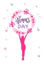 Women Day Holiday Greeting Card 8 March Banner With Pink Silhouette Girl On Doodle Background Royalty Free Stock Photo