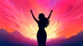 Women day wallpaper, a silhouette of a woman with her hands rised in the air on colorful red and yellow background