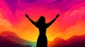 Women day wallpaper, a silhouette of a woman with her hands rised in the air on colorful red and yellow background