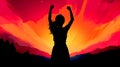 Women day wallpaper, a silhouette of a woman with her hands rised in the air on colorful red and yellow background