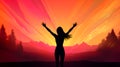 Women day wallpaper, a silhouette of a woman with her hands rised in the air on colorful red and yellow background