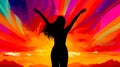 Women day wallpaper, a silhouette of a woman with her hands rised in the air on colorful red and yellow background