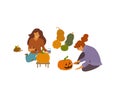 Women decorating carving and painting pumpkins vector illustration