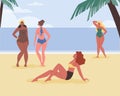 Women with different beauty type on the beach, flat vector illustration.