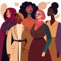 Women of different ethnicities and cultures stand side by side together. Strong and brave