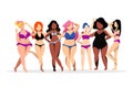Women with different figures, skin colors. Body positive concept. Vector flat illustration. Plus size girls in bikini Royalty Free Stock Photo