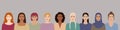 Women with different hairstyles, skin colors, races, ages stand together. Diverse portraits of dissatisfied, irate, angry women.