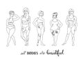 Women of different height, figure type and size dresses in swimsuits. Female various characters-woman with vitiligo,woman with