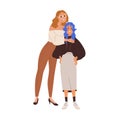 Women of different height standing together. Tall and short small girls friends couple hugging. Girlfriends with diverse