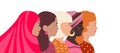 Women of different nationalities, faith and skin color together. Greeting card, banner International Womens Day. Struggle for