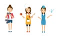 Women of different professions set, photographer, cook, stewardess vector Illustration on a white background