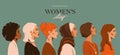 Women of different race look at side, profile face, vector illustration. Modern feminine concept background for