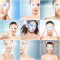 Women with a digital laser hologram on eyes collage. Royalty Free Stock Photo