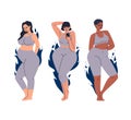 Women of diverse looks, different skin colors. Multicultural female characters in a gray tight-fitting tracksuit. Set of
