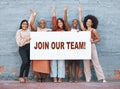 Women, diversity and join us poster for recruitment outdoor with billboard, mockup or advertising on board. Female Royalty Free Stock Photo