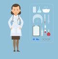 Women doctor M.D. in a white coat and medical equipment set in flat design.