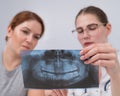 A woman doctor and a patient at the reception are discussing an x-ray of the jaw. Royalty Free Stock Photo