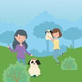 Women with dogs playing park pet care Royalty Free Stock Photo