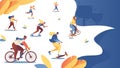 Women doing sport at summer park landing page template. Bmx bike, bicycle, roller skaters and skates riding characters in bright Royalty Free Stock Photo