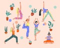 Women doing yoga asanas among houseplants, flat vector illustration isolated.