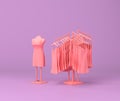 Women dreen hanger with a mannequin ,shop stand in a purple and pink flat, single color background, 3d rendering Royalty Free Stock Photo