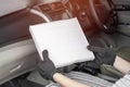 Women looking air filter in cooling system of car by myself check dust and amiss in Passenger car of car service concept Royalty Free Stock Photo