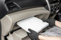 Women driver remove air filter in cooling system by myself check dust and amiss in Passenger car Royalty Free Stock Photo