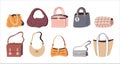 Women elegant flat multi-colored classic handbags. Collection of vector isolated bag accessories.