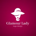 Women elegant hat for fashion ladies and lips. Glamour lady in hat logo design. White isolated illustration in pink background