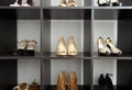 Women elegant and luxury shoes, heels in shoe sorted rack storage, Fashion and Glamour shoes stylish modern interior home Royalty Free Stock Photo