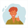 Women emotional portrait, hand drawn flat style design concept illustration of girl, happy female face with thumb up