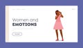 Women and Emotions Landing Page Template. Sad African Girl Hide Face behind of Smiling Mask. Upset Female Character