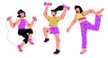 Women engaged in different sports - yoga exercises, gym and cardio workouts, cartoon flat vector illustration isolated