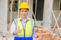 Women engineer worker foreman builder work in construction site portrait happy thumbs up for like and confirm pose