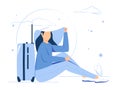 Women enjoy vacations and adventures. Sit with the suitcase. Female character concept in flat style. Vector illustration