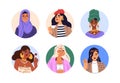 Women face avatars set. Young female characters of different race, ethnicity. Modern diverse girls, circle head