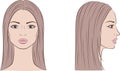 Women face long straight hair. Female head drawing. Front side portrait.