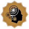 Women face profile silhouette with art deco golden earring on background in star shape. Promotional emblem for goldsmith and jewel