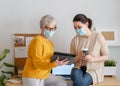 Women in facemasks are using laptop