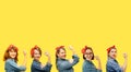 Women with faces covered by smile emojis with a clenched fist rolling up their sleeves on yellow background