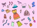 Women fashion doodle with colorful color style and pink background vector Royalty Free Stock Photo