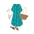 Women fashion outfit with dress and accessories. Summer casual clothes set with bag, shoes, jewellery, necklace, rings