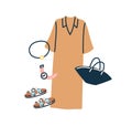 Women fashion outfit. Summer casual clothes set with dress, bag, sandals, watches and jewellery. Modern trendy garment